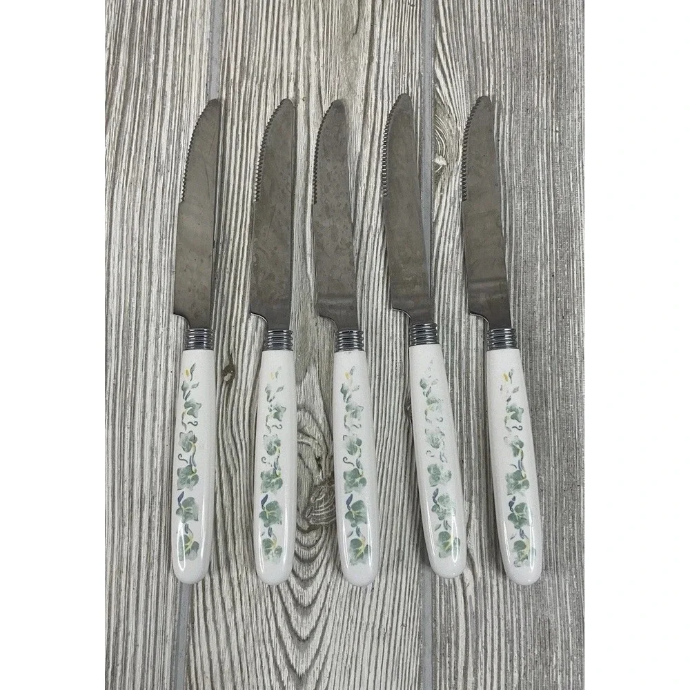 Vintage Ivy Pattern Steak Knives Set of 5 White Green Floral Stainless Steel